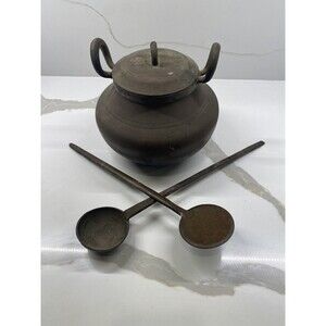 Antique Brass Heavy Fireplace Cooking Pot with stirring and serving spoons